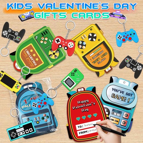 AuroTops Valentines Day Cards for Kids School,30 Pack Video Games Keychains with Valentines Cards for Kids Classroom Exchange Gift Valentine's Day Gifts Party Favors Boys Girls Classroom Prizes Bulk