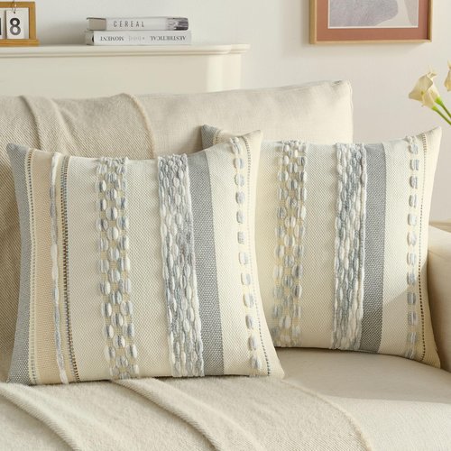 FUTEI Grey Blue White Decorative Throw Pillow Covers 18x18 Inch Set of 2, Soft Tufted Striped Textured Accent Cushion Case,Boho Pillows for Couch Decor