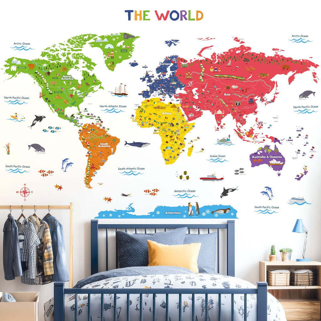 DECOWALL DL3-2212 XLarge World Kids Wall Stickers (59x40 inch) Decals Peel and Stick Removable for Nursery Bedroom Living Room Art murals Decorations