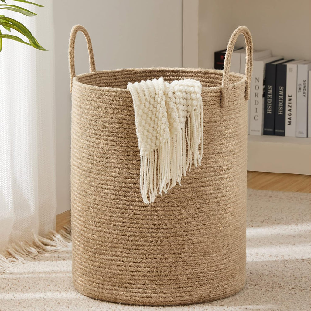 YOUDENOVA Jute Rope Laundry Hamper - 58L Tall Basket for Baby Nursery & Blanket Storage - Large Jute