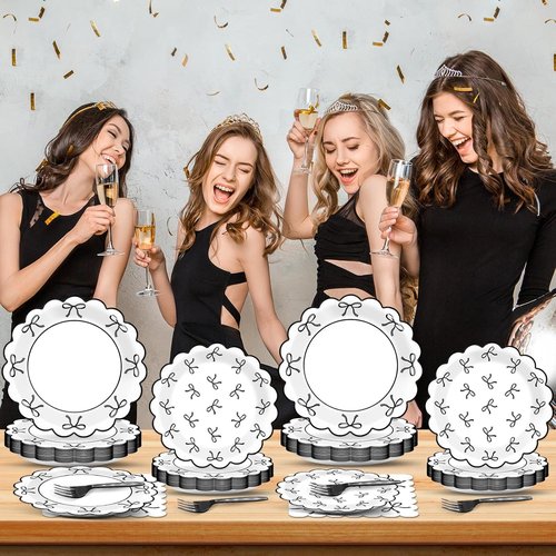 Bowknot Party Decorations | 96 Pcs Black & White Birthday Paper Plates & Napkins | Perfect for Bachelorette & Bridal Showers