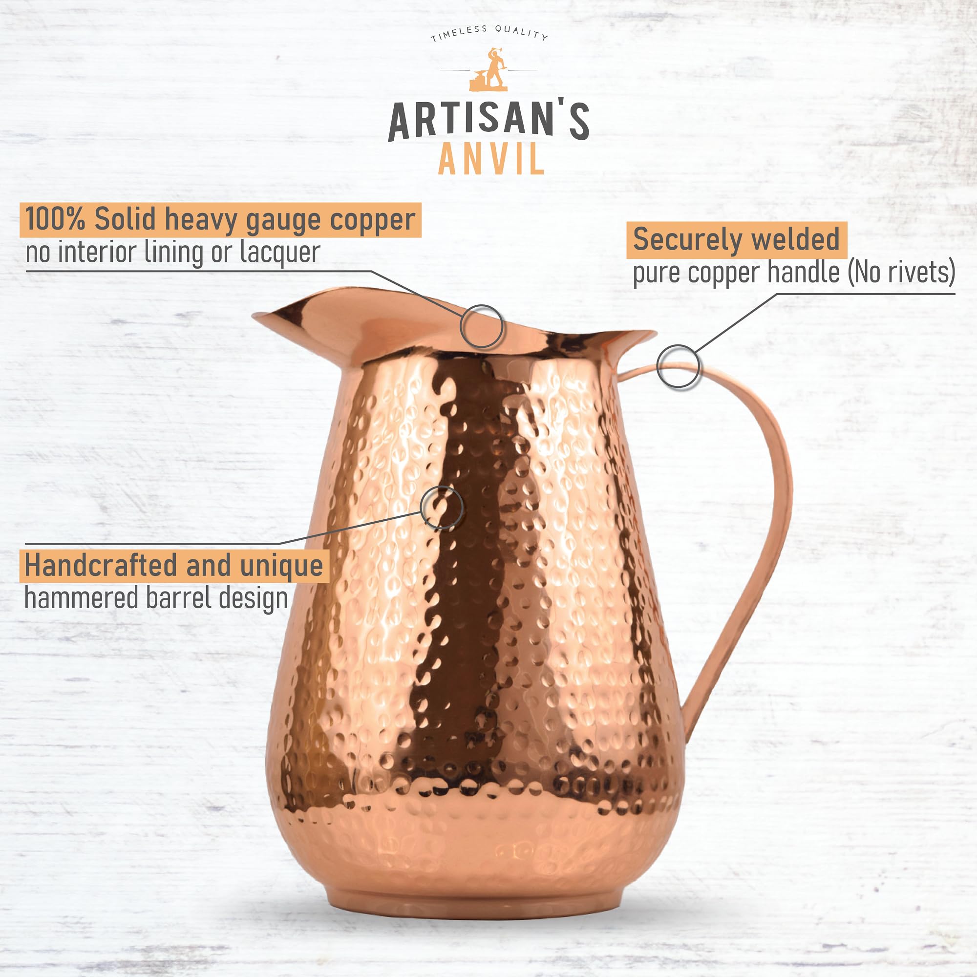 Artisan's Anvil Hammered Copper Pitcher w/Handle, 100% Copper, Heavy Duty, Handmade, 70 fl. Oz., Best for Water, Ayurveda, Moscow Mules, Cocktails
