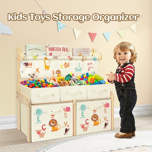 Kids Bookshelf Toy Storage Organizer Wooden Book Shelf with 1 Sling Bookcase and 5 Toy Bins,Toy Box for Boys Girls,3-Tier Nursery Book Shelves for Kids Rooms Bedroom,Playroom,Classroom,Animals