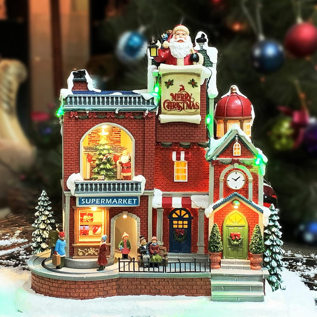 Moments In Time Lighted Christmas Village House - Animated Supermarket & Shops Scene with LED Lights | Holiday Decor Gift Box Included