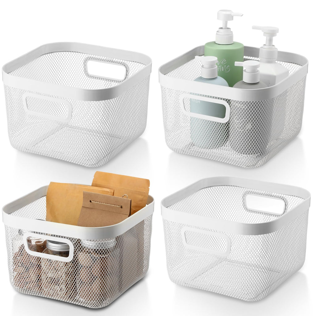 MorningRo 4 Pack Metal Mesh Basket with Hollow Handles White Wire Storage Bin for Organizing Stackable Metal Fine Mesh Basket for Pantry Bathroom Kitchen Cabinets Shelves (Medium)