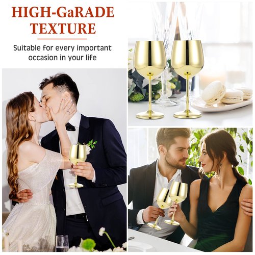Irenare Set of 12 Stainless Steel Wine Glasses Gold 12 oz Metal Wine Goblets Unbreakable Portable Stemmed Wines Glasses for Wedding Anniversary Party Travel Camping Outdoor Picnics