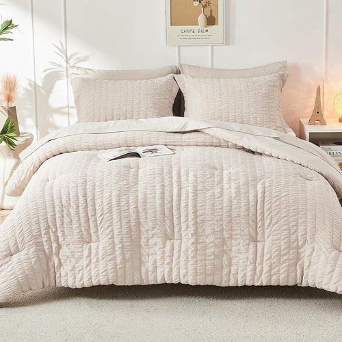 HYMOKEGE Queen Comforter Set - Lightweight 3-Piece Bedding Set with Soft Down Alternative - Beige