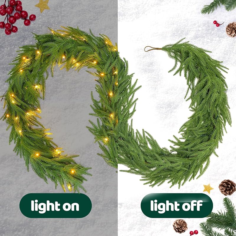 6ft Pine Garland with 2 LED Lights - Real Touch Norfolk Pine Christmas Decor (Battery Not Included)