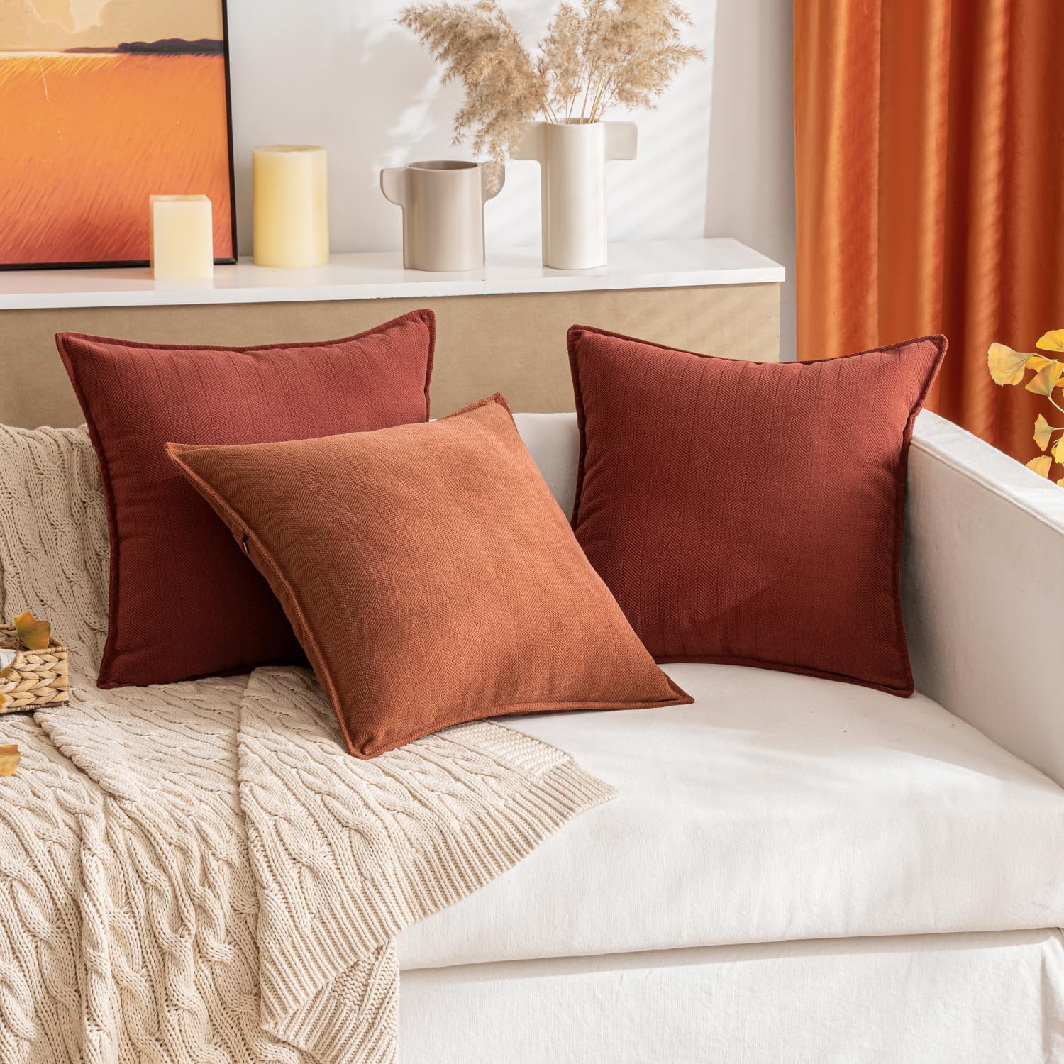 MIULEE Burnt Orange Decorative Pillow Covers - Soft Chenille 20x20 Inch | Luxurious Farmhouse Cushion for Sofa & Bedroom