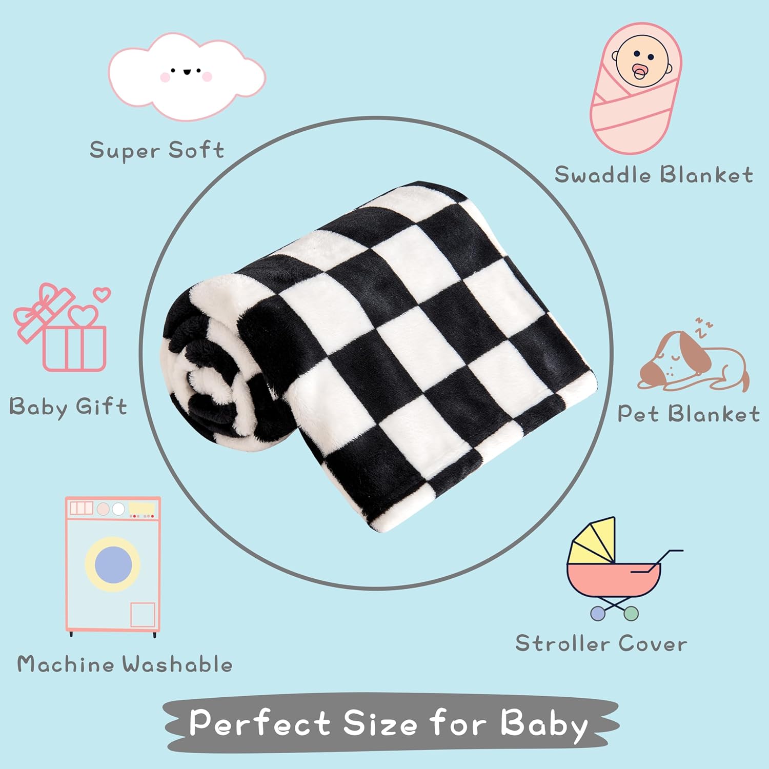 Yurhap Checkered Baby Blanket - Ultra Soft Fleece for Boys & Girls | Cozy 30''x40'' Infant Receiving Blanket in Black