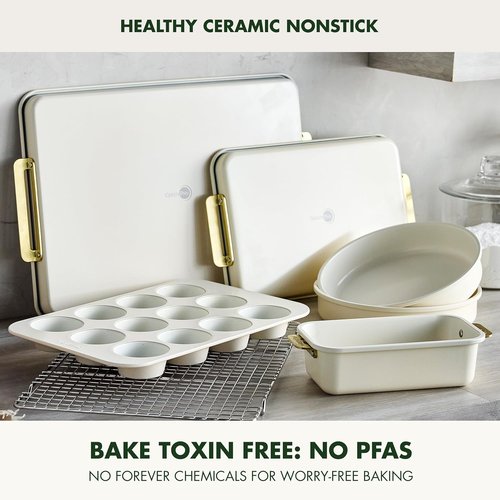 GreenPan Bakeware Set - 7 Piece Nonstick Ceramic Baking Sheets & Pans | PFAS & BPA Free, Cream