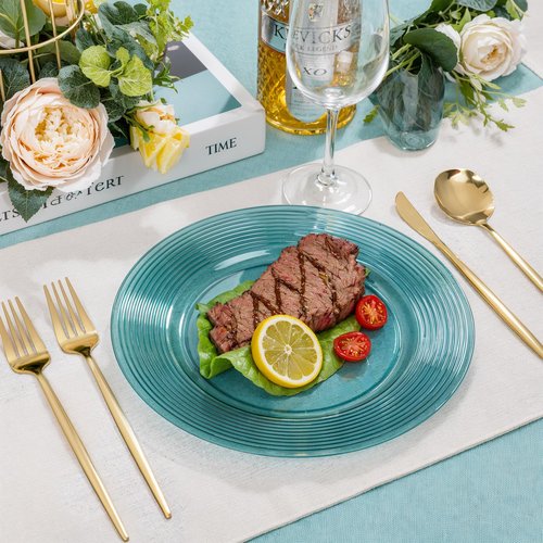 FLOWERCAT 100PCS Clear Blue Plastic Plates - Heavy Duty Plastic Plates Disposable -Straw hat plate for Birthday party &Wedding - Serve for 50Guests party(10inch & 7inch)(Mediterranean Blue)