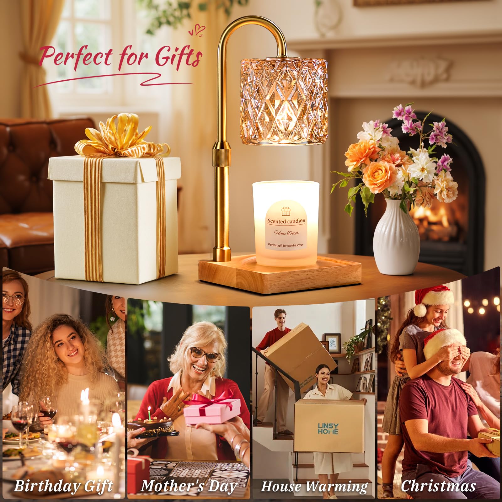 Hong-in Candle Warmer Lamp with Timer -Dimmable Adjustable Height,House Warming Gifts New Home,Vintage Home Decor with Elegant Amber Glass,Birthday Gifts for Women, Mom, Friend and Sister