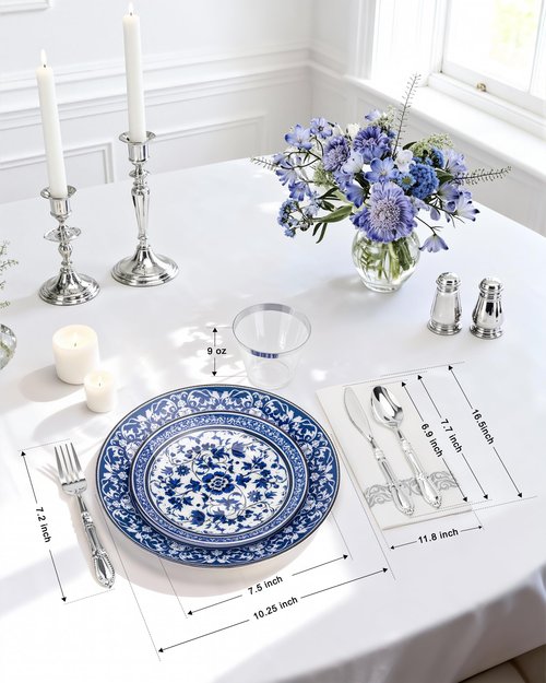Hioasis 175PCS Blue Plastic Plates - Floral Disposable Dinnerware Set for 25 Guests, Include 50 Dinner & Dessert Plates, 75 Silver Cutlery, 25 Napkins, 25 Cups Perfect for Party (Art Style)