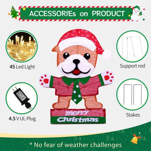 Domkom Lighted Bulldog Christmas Decoration, 30 Inch Pre-Lit Cute Dog with Christmas Hat 45 LED Warm Lights for Home Indoor Outdoor Yard Holiday Decor