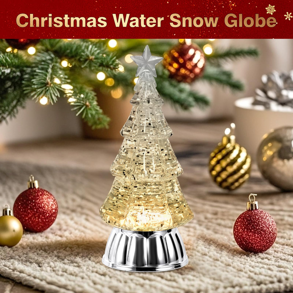 Christmas Tree Snow Globe Lantern with Warm Light 6H Timer Water Snow Globe Lantern USB & Battery Operated for Christmas Festival Decorations Gifts (Silver Tree)