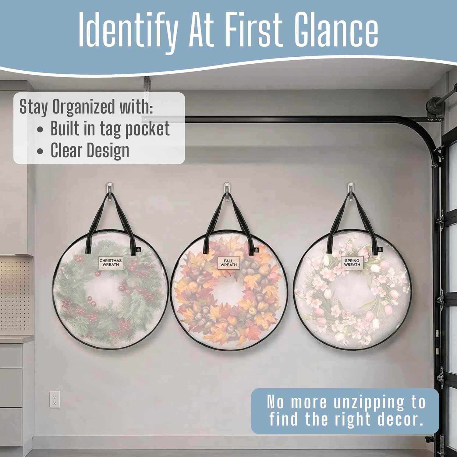VENO Wreath Storage Container - Heavy Duty 30 Inch Clear Bag with Wall Hanging Handles | 4 Pack