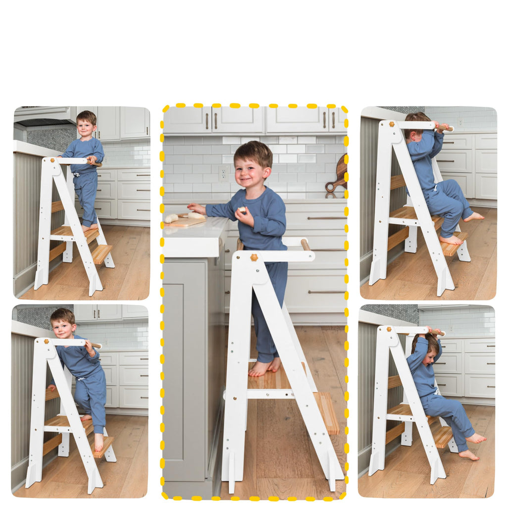 OCODILE Adjustable Foldable Toddler Tower – Folding Tower for Kids | Montessori Toddler Kitchen Step Stool Helper for Independence - White