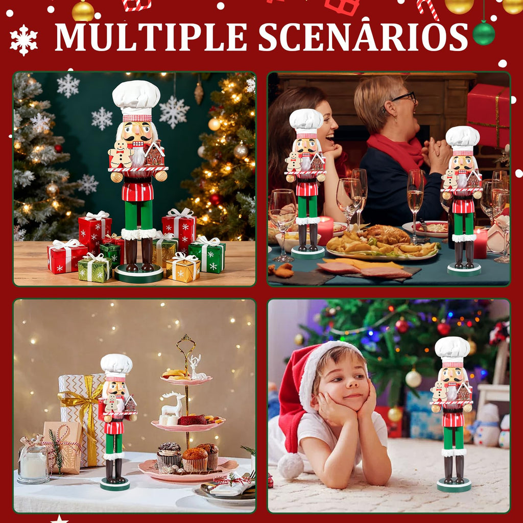 GlisDyck 15 Inch Chef Nutcracker Christmas Decor, Nutcrackers Figures, Festive Collectible Figurine Gift for Table Desktop Fireplace Thanksgiving Holiday Display (White Green)