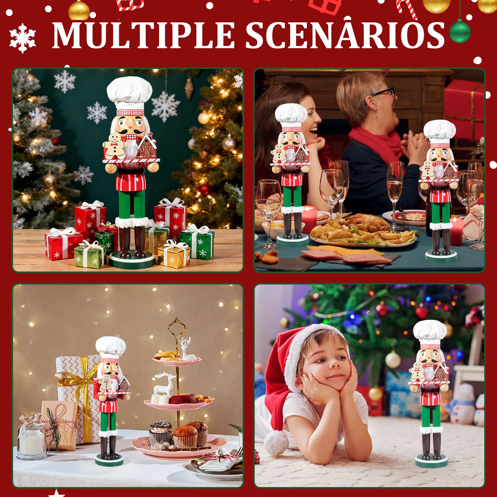 GlisDyck 15 Inch Chef Nutcracker Christmas Decor, Nutcrackers Figures, Festive Collectible Figurine Gift for Table Desktop Fireplace Thanksgiving Holiday Display (White Green)
