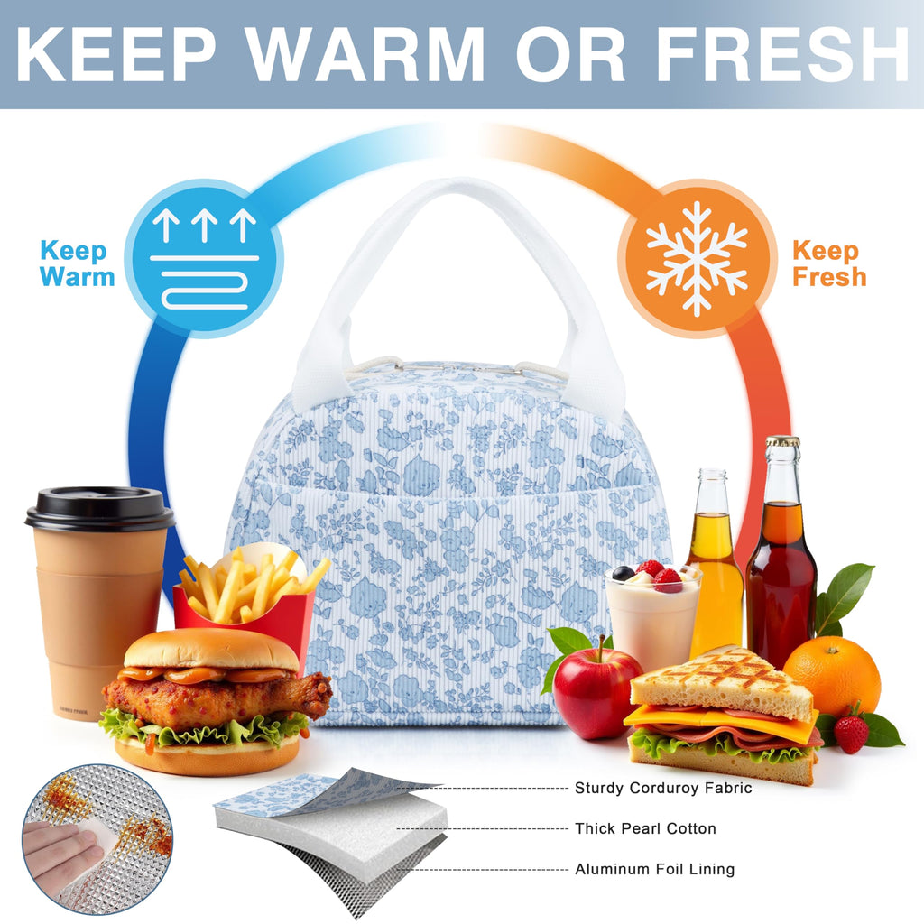 TESAFNG Lunch Bag - Insulated Lunch Box for Women, Reusable Large Capacity Cooler Bag for Adult, Small Leakproof Cute Corduroy Lunch Tote for Work Office Travel Picnic (Corduroy Blue-Flower)