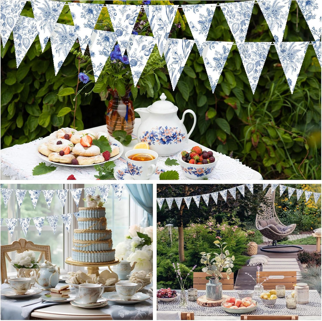 Skiennix Vintage Floral Paper Pennant Garland - 5 Pieces Blue & White Triangle Banner for Weddings & Showers