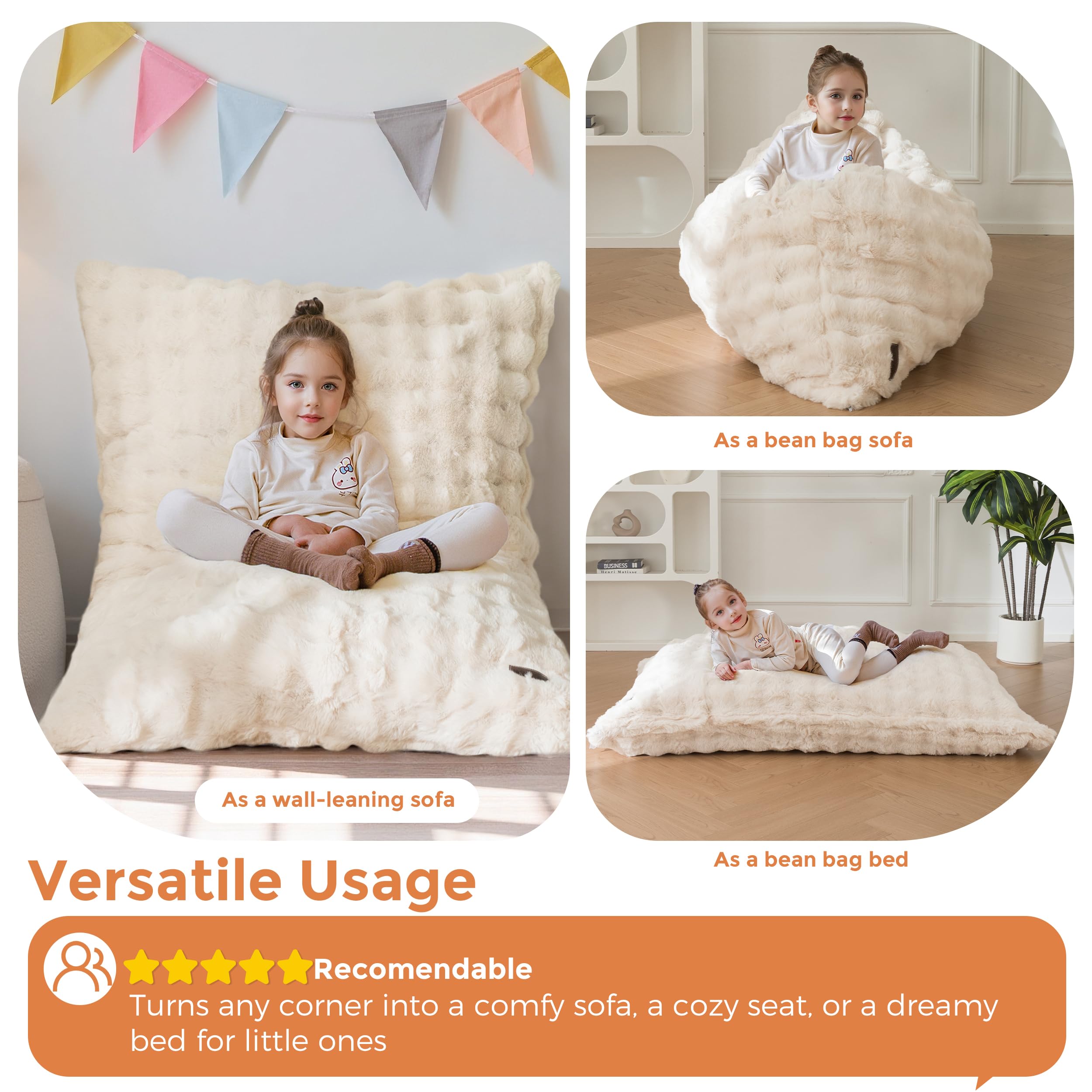 MAXYOYO 3 in 1 Kids Bean Bag Chair Bed, Child Floor Sofa for Gaming, Reading, Convertible Bean Bag Floor Cushion with Machine Washable Cover for Living Room Bedroom, Beige