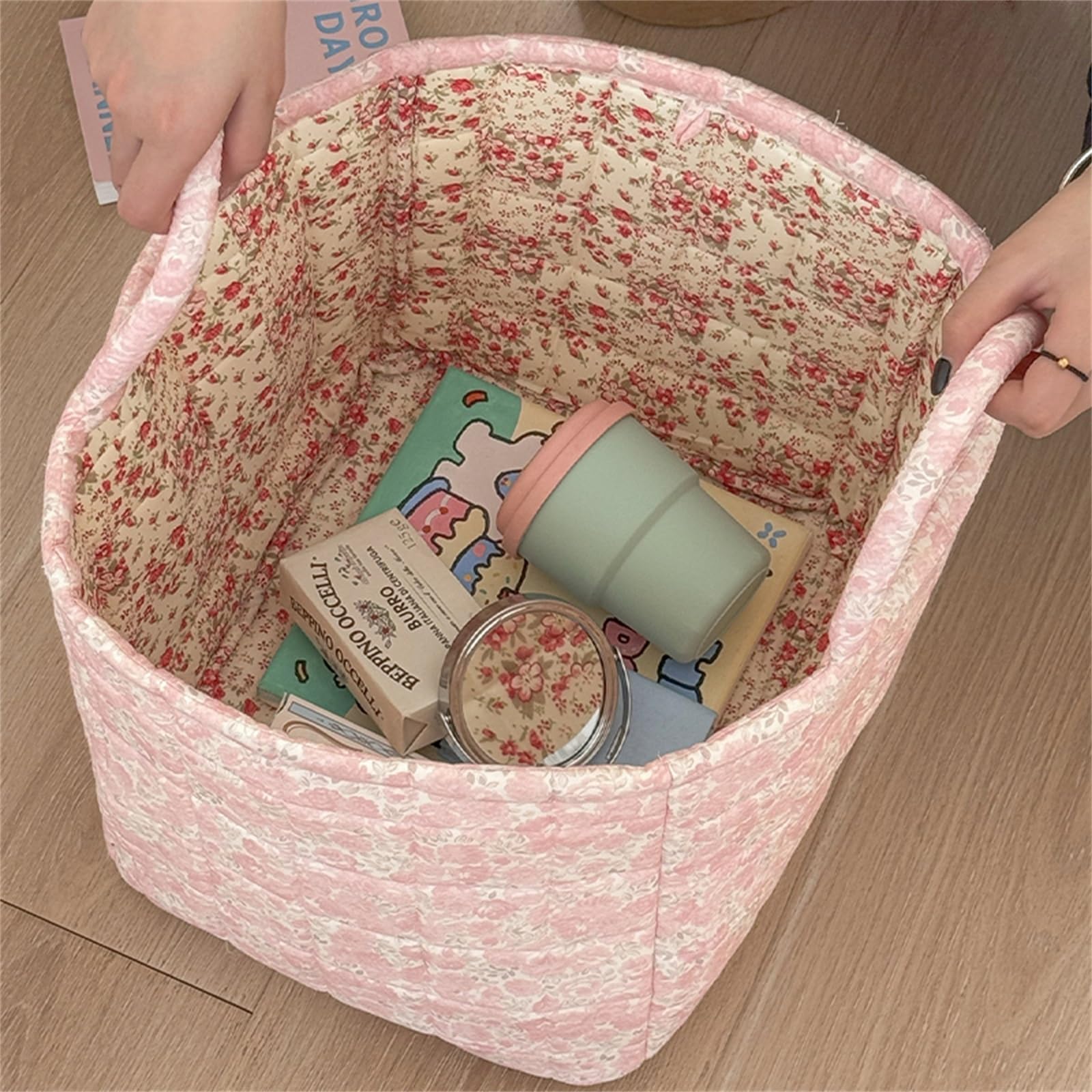 Neaonau Quilted Fabric Storage Basket with Handles & Pocket, Foldable Laundry Hamper Boho Floral Print Organizer Bin for Home, Picnic, Office 12"x10"x10" (A-4)