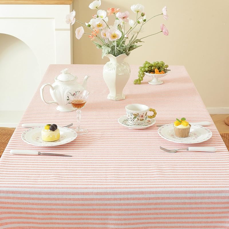 Meioro Orange & White Striped Cotton Tablecloth 39x55 Inch — Rectangular with Tassel Fringe (Variation: Bright Orange + 55x39)