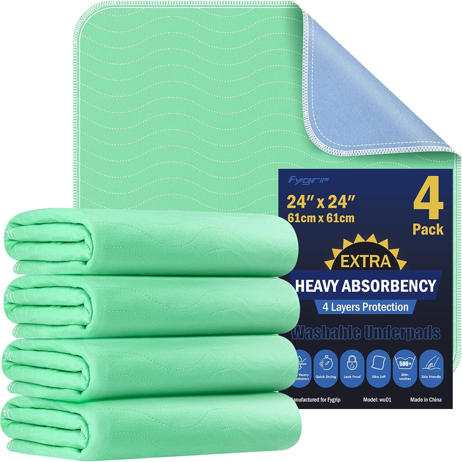 Skiennix 24” x 24” Extra Heavy Absorbency Washable Underpads - Waterproof Incontinence Bed Pads for Adults & Dogs