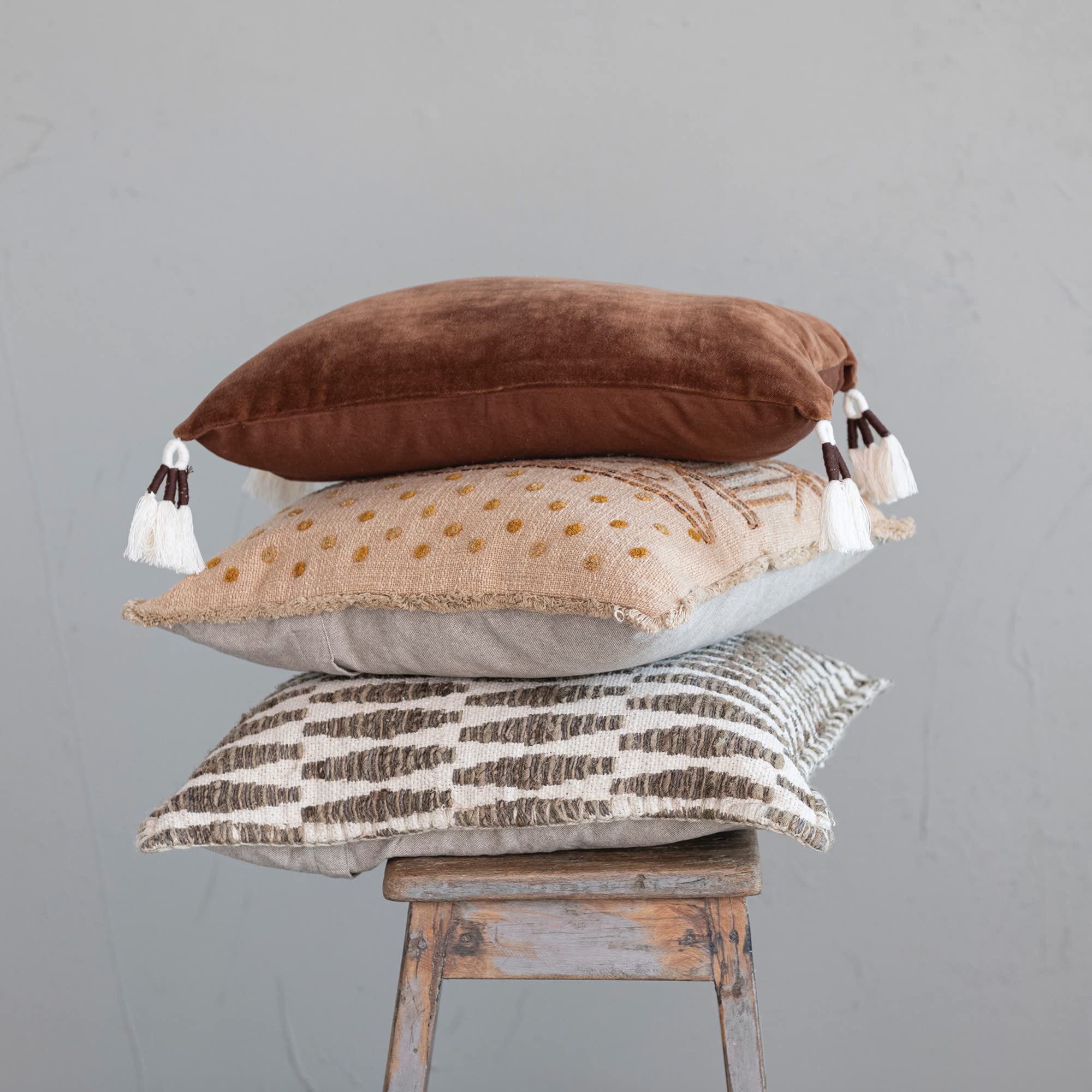 Cotton Slub Throw Pillow Cover with Geometric Embroidery and Fringe, Brown
