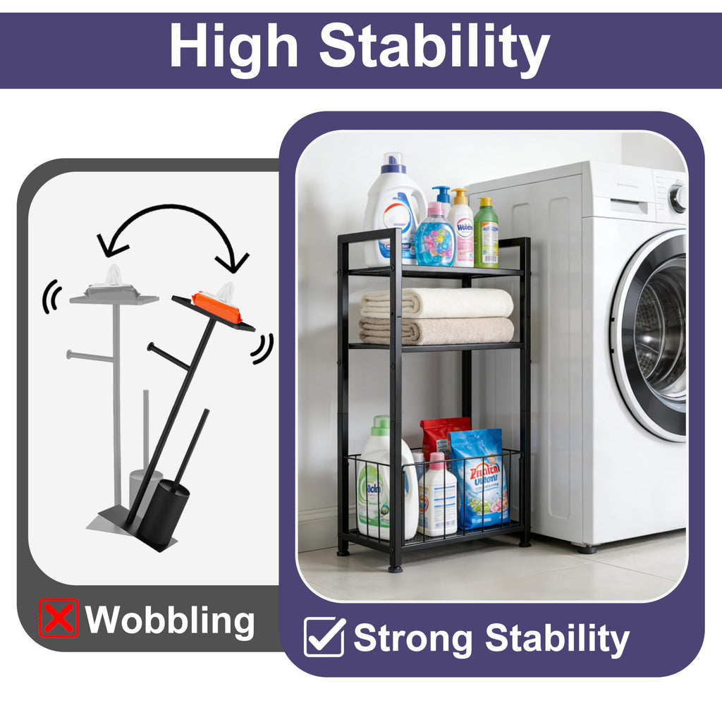 Free Standing Toilet Paper Holder with Shelf, Adjustable Feet Bathroom Toilet Paper Holder Stand for Narrow Space, Roll Dispenser Tissue Holder, Holds Multiple Rolls and Keeps Paper Dry and Clean