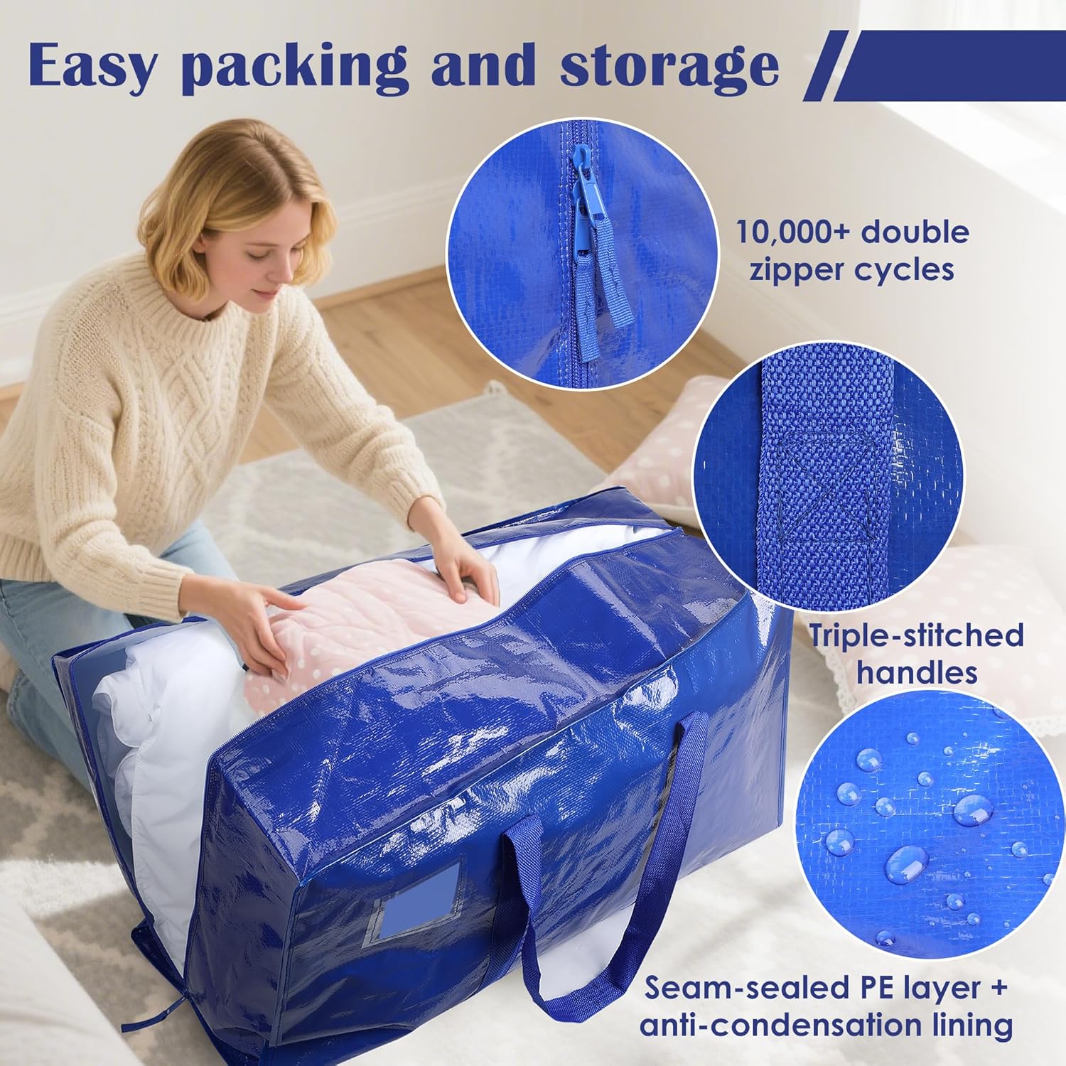 Skiennix 6 Pack Moving Bags - Extra Large 93L Heavy Duty Waterproof Storage Totes | Ideal for College Dorm & Home Organization - Blue