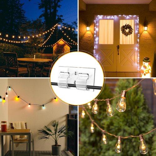 Hooks for Outdoor String Lights, 40Pcs Command Hooks Heavy Duty, String Light Clips with Waterproof Adhesive Strips, Christmas Rope Light Clips