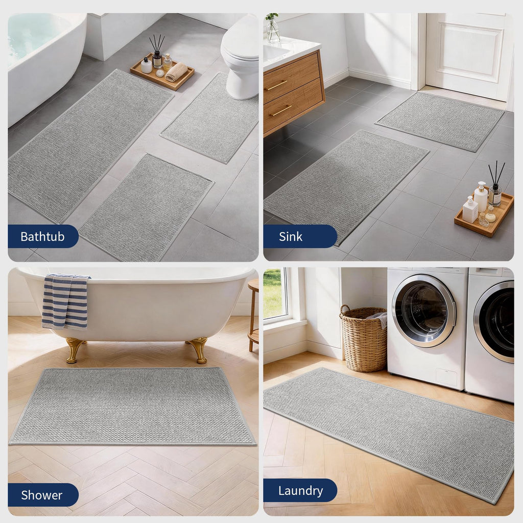 YIHOUSE Gray Bathroom Rugs Sets 3 Piece, Quick Dry Thin Bath Mat with Toilet Rug, Non Slip Absorbent Machine Washable, Bath Runner Rugs for Bathtub Sink Home Decor