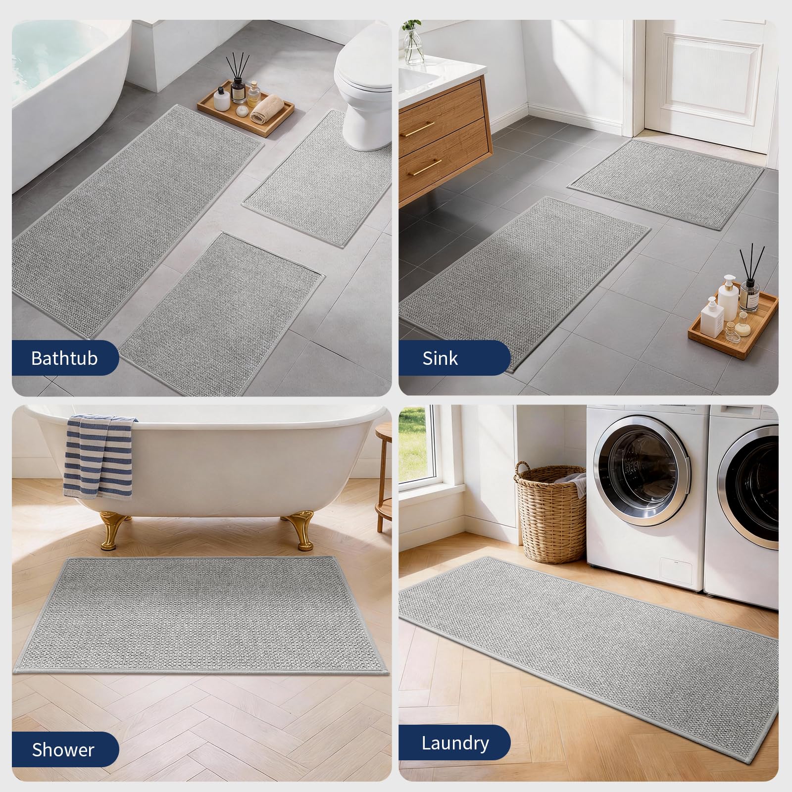 YIHOUSE Gray Bathroom Rugs Sets 3 Piece, Quick Dry Thin Bath Mat with Toilet Rug, Non Slip Absorbent Machine Washable, Bath Runner Rugs for Bathtub Sink Home Decor