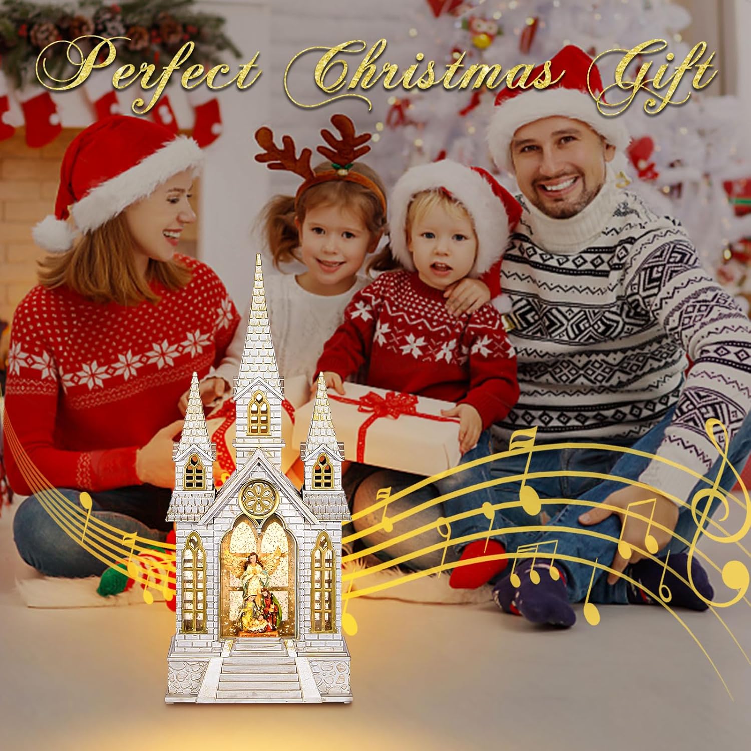 Skiennix Church Snow Globe | Lighted Christmas Lantern with Angel Nativity Scene - Musical Decor