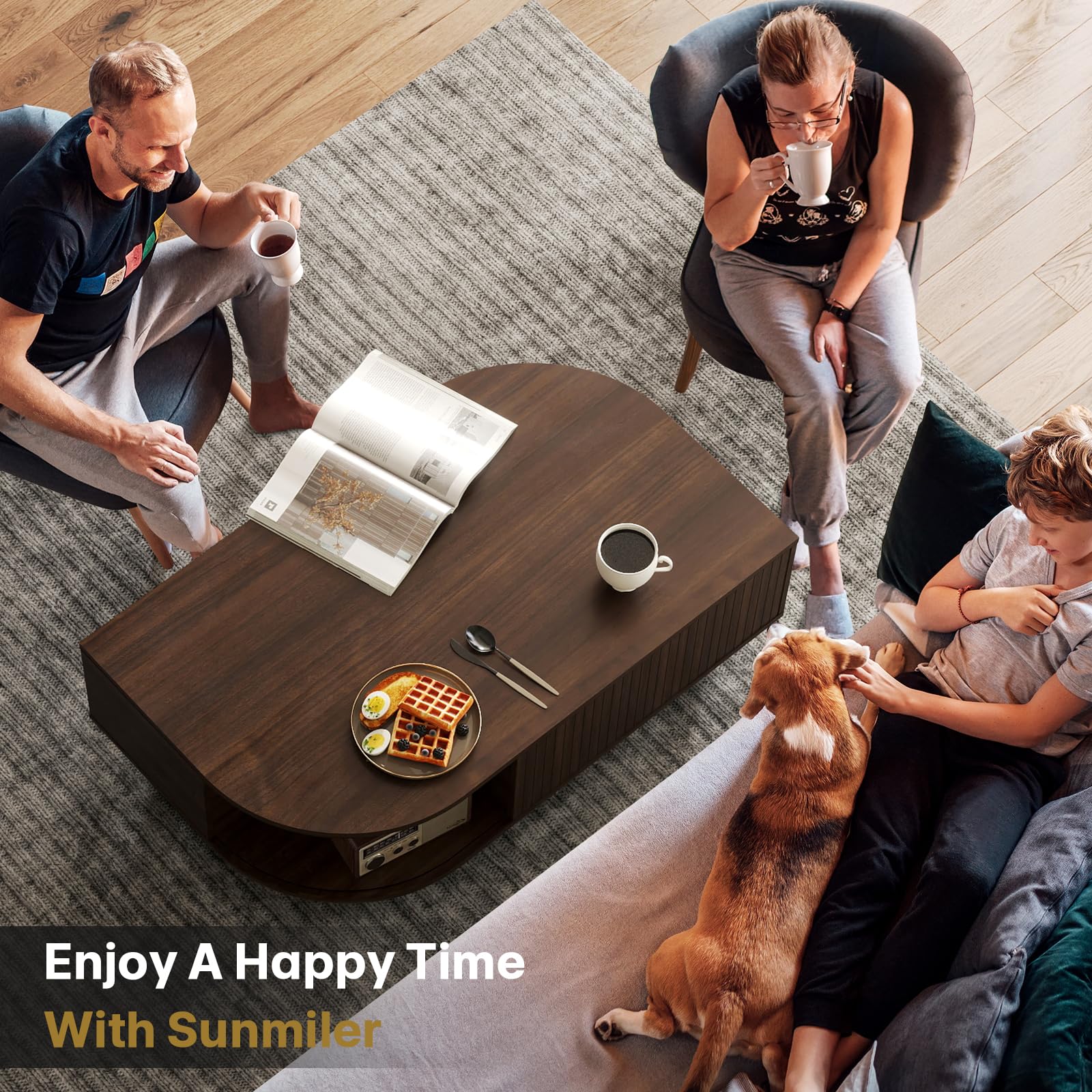 sunmiler Mid-Century Modern 39.4" Coffee Table - Leaf-Shaped Wood Center Table with Storage, Retro Fluted Central Table with Sliding Door for Living Room, Office, Walnut