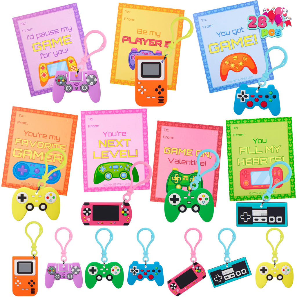 JOYIN 28 Pcs Valentines Day Gift Cards with Video Game Keychains, Multi Colored Keychains & Cards with 7 Designs, Valentine Treat Goodie Bag Stuffers for Kids Classroom School Exchange Prizes