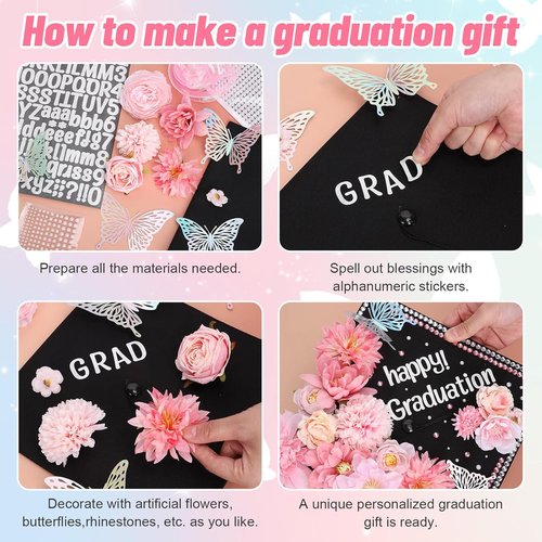 FYSUIMU Graduation Cap Decorations Kit - DIY Pink Grad Hat Toppers with Flowers & 3D Butterfly Stickers