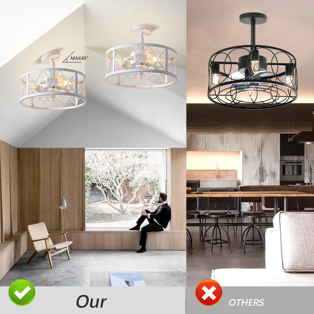REDSTAR 15" Caged Ceiling Fans with Lights and Remote Flush Mount, White Round Industrial Ceiling Fan Light Fixture, Small Bladeless Ceiling Fan for Bedroom, Kitchen, Indoor