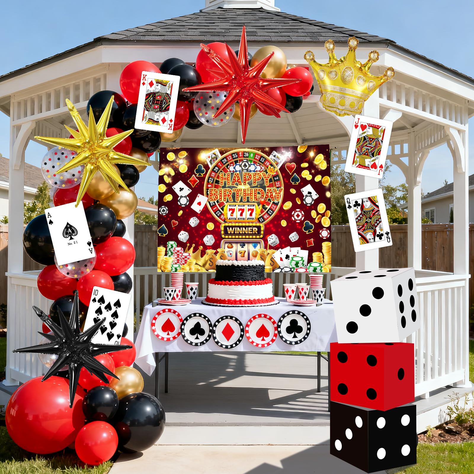 KaTiSeMo 128 Pcs Casino Theme Party Decorations Kit for Casino Night & Adult Birthday Party, Deluxe 59" Fabric Backdrop & Balloon Arch, 3 Large Dice Boxes, Poker Cards for Las Vegas Theme Event