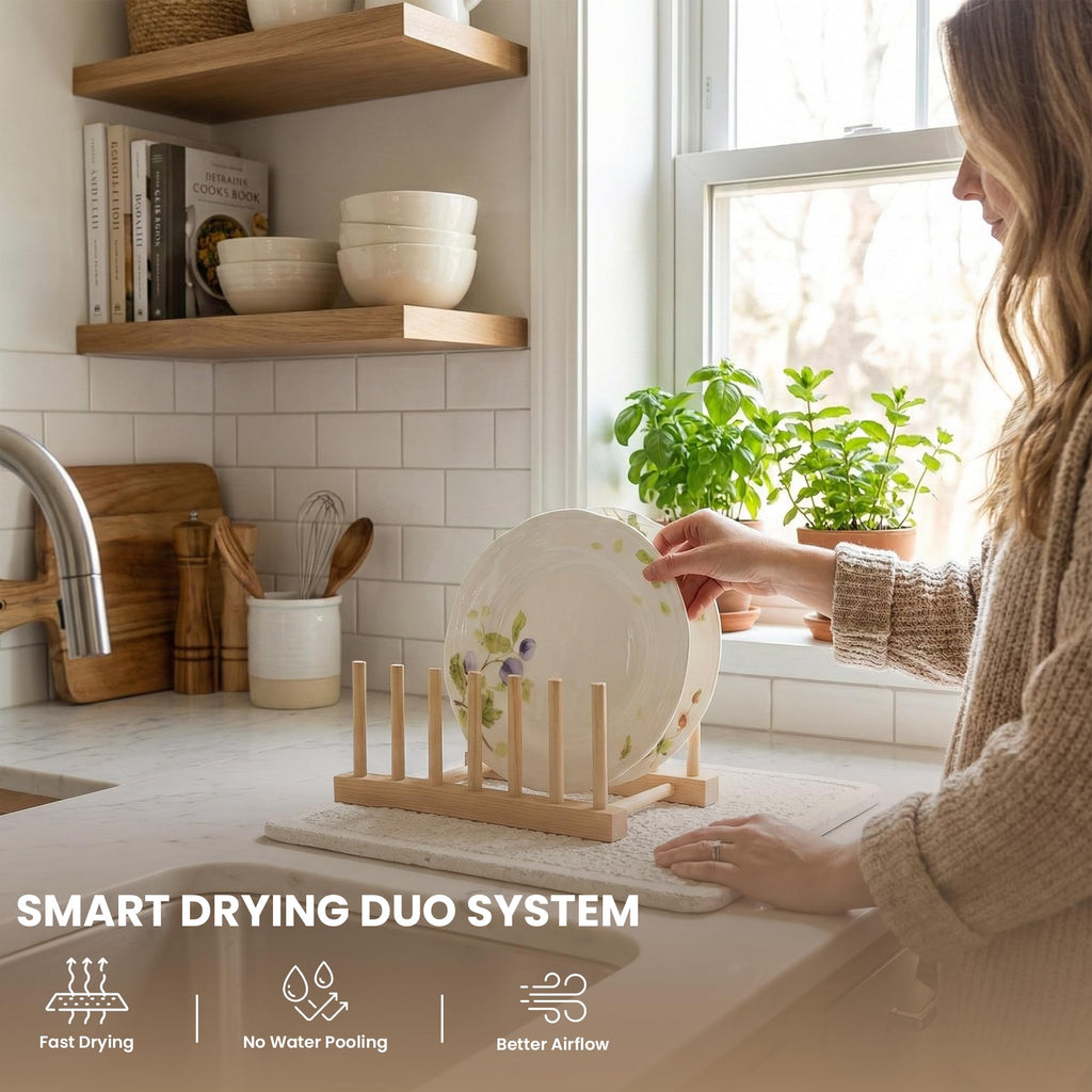 Large Stone Dish Drying Mat for Kitchen Counter, 23.5 x 15.4 in Diatomaceous Earth Mat, Quick Dry, Super Absorbent & Non-Slip, Includes Rack, Cleaning Brush, Cloth & Sandpaper – White