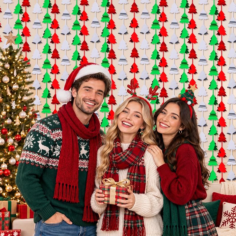 Mega-L 2 Pack Christmas Foil Fringe Curtains - 3.3 x 6.6 ft Tree Shaped Backdrop, Red-Silver-Green, Variation Red Silver Green+2 Pack
