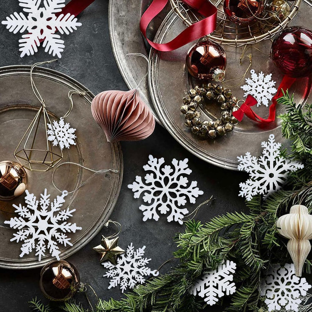 NEWMIAO Snowflake Ornaments - 36pcs Glitter Plastic Decorations in 5 Patterns for Winter Wonderland Decor