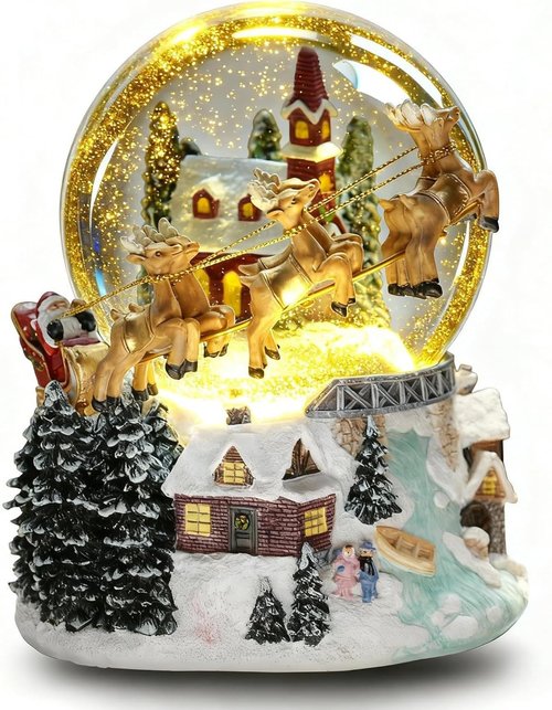 Christmas Snow Globe - 7'' Light-Up Musical Decoration with Santa Sleigh & Reindeer