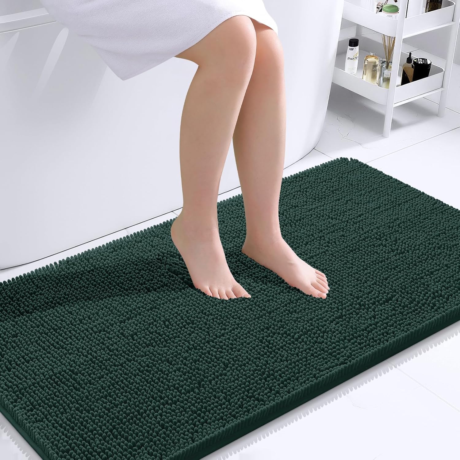 OLANLY Bathroom Runner Rugs - Soft Absorbent Chenille Mats with Rubber Backing | 44x24, Blackish Green