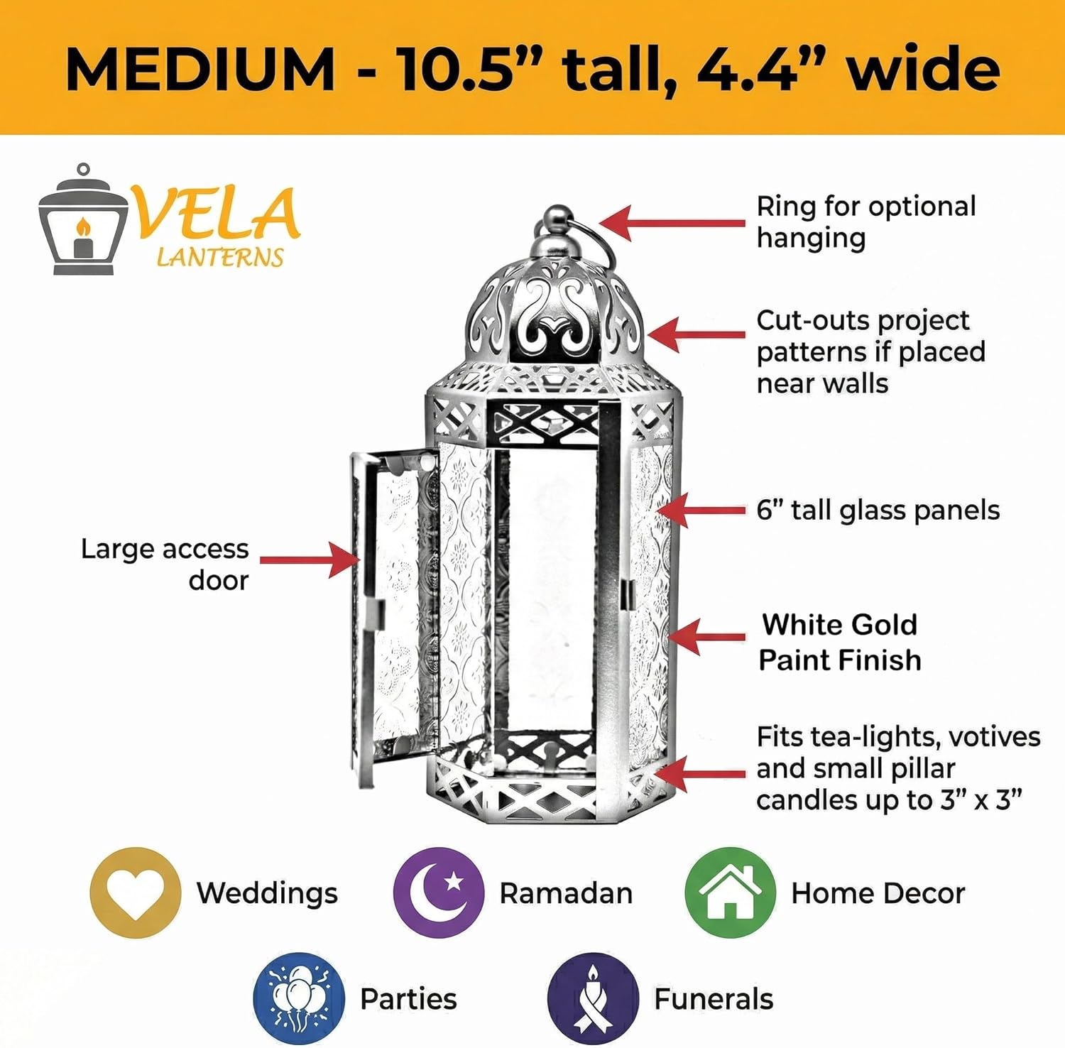 VELA Lanterns 10.5" White Gold Moroccan Candle Lantern - Elegant Decorative Holder for Indoor/Outdoor Use