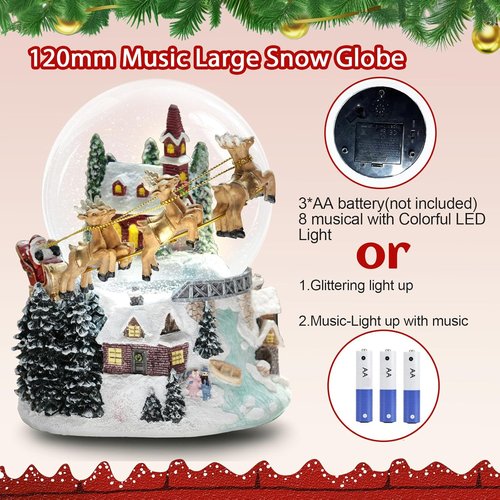 Christmas Snow Globe - 7'' Light-Up Musical Decoration with Santa Sleigh & Reindeer