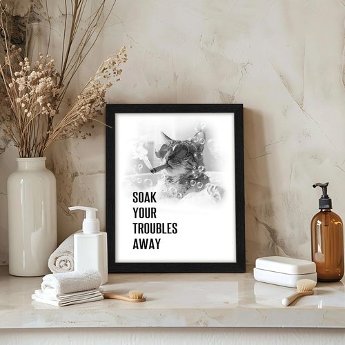 arteWOODS Funny Cat Bathroom Wall Art - Rustic Black Framed Print for Kids' Washroom | 8x10 Inch